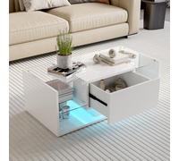 DAHUEN Tavolino lucido con illuminazione a LED, tavolo da soggiorno con scaffale aperto e 2 cassetti (bianco-B)