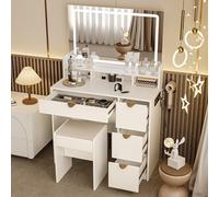 DAHUEN Toeletta con illuminazione a LED e sedia, Tavolo da toeletta con specchio regolabile, organizer trucchi e soporte para secador de pelo, con piano in vetro, per camera da letto, spogliatoio.