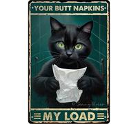 DAIERCY Simpatico gatto nero con carta igienica, targa in metallo vintage con scritta in lingua inglese "Your Butt Napkins My Lord", cartello in metallo vintage per casa, bar, ufficio, negozio,