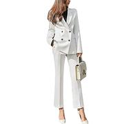DAIHAN Completo Tailleur da Donna, 2 Pezzi, Slim Fit, Giacche da Abito Doppio Petto, con Pantaloni Lunghi da Completo Set, per Ufficio E Lavoro,Bianco,S