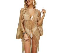 DAIHAN Copricostume da Donna per Costumi da Bagno Camicette Trasparenti con Apertura Frontale Scialle Beachwear Bikini Cover Up Kimono Cardigan con Nappe Oro