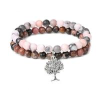 DAIJES Bracciale a doppio strato con perline in pietra naturale da 6 mm, ciondolo retrò con albero della vita, gioielli da mano per uomo e donna - motivo zebra rosa + linea nera rossa