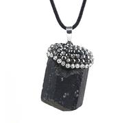 DAIJES Ciondolo in ossidiana naturale irregolare placcato oro e argento con diamanti incastonati, minerale grezzo elettrico di tormalina nera, intarsio di diamanti