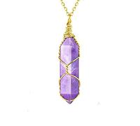 DAIJES Collana con pendente a colonna esagonale a doppia punta in ametista, pietra grezza naturale, fai da te, gioielli in ametista di seta dorata + catena