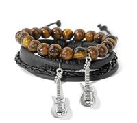 DAIJES Rock guitar multi-layer bracelet leather drawstring bracelet men's retro stone beaded elastic rope couple jewelry-KZ038