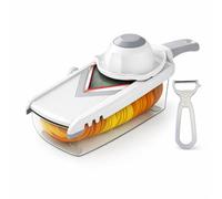 Daily-Max MAX-6038 Mandolina Tagliaverdure 5 in 1 con Lama a V in Acciaio Inox - Taglio a Rondelle e Julienne 0,4/0,8 mm - Sicura, Regolabile, con Contenitore e Pelapatate Incluso