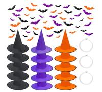 Daily Treasures Confezione da 15 Cappelli da Strega Appesi Nero, Arancione e Viola con 48 Decorazioni Murarie 3D di Pipistrelli & Cordino di 150m per Decorazioni Halloween,Party Interno ed Esterno