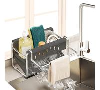 Daily Treasures Organizer per lavello da cucina con vassoio di scarico automatico inclinato a 45°, in acciaio inox, con portasciugamani staccabile, organizer antiscivolo per piano di lavoro del bagno