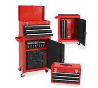 DAIMANN - Carrello Porta Attrezzi Professionale con 3 Cassetti Scorrevoli e Armadietto con Serratura per Garage e Officina, Struttura in Metallo Verniciato Facile da Spostare (Rosso)