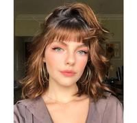 DaiMer Brown Wig with Bangs Auburn Wigs for Women Short Wavy Light Brown Wig Shoulder Length Curly Bob Synthetic Heat Fiber for Daily Party Use (16 pollici) Natural Curly