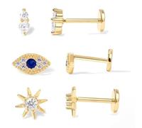 Dainty 3 paia di orecchini Set per piercing multiplo, leggero placcato oro 14 carati con retro piatto Tiny CZ orecchini a bottone per cartilagine, elica, ipoallergenico