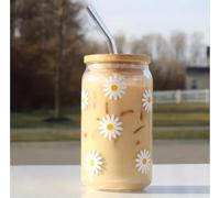 Daisy Cup 16oz Iced Coffee Cup, simpatica ciotola di vetro con coperchi in bambù e cannucce, lattina di birra, latte e moka, tazze da colazione, ragazze e donne, vacanze, 500 ml