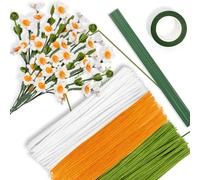Daisy - Detergente per pipa per bouquet, 300 pezzi, per fai da te, filo di ciniglia, pulitore per pipe, con nastro e bastoncini per fiori, per progetti artigianali (verde, oro, bianco