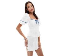 Daisy Street - Blusa bianca in pizzo con maniche a sbuffo e nastro passante in coordinato-Bianco 42