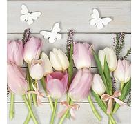 Daisy - Tovaglioli di carta velina a 3 veli, motivo pasquale, decorativi, per decoupage, 33 x 33 cm (confezione da 20) (tulipani bianchi e rosa su legno) (SDLE)