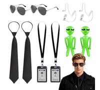 DAJASD Agente Costume Accessori,10 Pezzi Deguisement Accessori Agente Segreto con Occhiali da Sole,Cravatta,Tappo per Orecchie,Carta D'Identità e Palloncino Verde,FBI Costume para Carnevale Cosplay