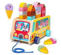 DAJASD Carrello per ghiaccio in legno, 27 pezzi giocattolo per bambini con ruote mobili e gelato magnetico, negozio di mercanti accessori Montessori giocattoli 3-6+ anni