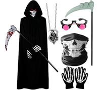 DAJASD Costume da mietitore triste per bambini, set di 6 pezzi con veste nera, falce in plastica, occhiali e guanti rossi luminosi, collana, set di costumi da mietitore per bambini, per feste di