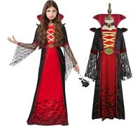 DAJASD Costume da vampiro di Halloween per ragazze, Royal Vampire Deluxe Set, Set di travestimento Halloween per bambini con collana per Halloween Carnevale Cosplay(130-145 cm)