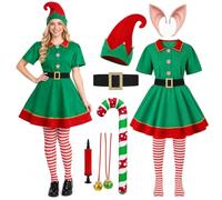 DAJASD Costume Elfa Donna Uomo, 8 Pezzi Completo da Elfa Natalizia | Costume Da Elfa Natalizia Per Adulti Con Cappello, Orecchie E Bastoncino Di Zucchero Gonfiabile Per Carnevale,Natale,Cosplay