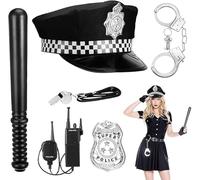 DAJASD Costume Poliziotta Accessori, 6PCS Polizia Costume Accessori, Donna Uomo Bambino, con Manette, Distintivi, Walkie-talkie, Occhiali, Baton, per Cosplay Carnevale Festa Costume