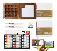 DAJASD Mini Scatole da Pittura ad Acquerello, 24 Colori Mini Tavolozza Acquerelli in Legno, Set Di Strumenti Di Pittura Portatili, Tavolozza da Viaggio con 15 Griglie, Taccuino Dipinto, pennelli