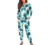 Dajingkj Comodo pigiama da donna in due pezzi, traspirante, con polsini, con tasca, per casa e lounge, taglie S-XXL, Fiore verde, M