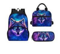 Dajingkj Zaino per la scuola, per adolescenti, ragazze, ragazzi, bambini, set con borsa per il pranzo e astuccio per la scuola elementare, scuola media, Lupo luminoso super cool, Zaino per bambini