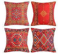 DakTou Confezione di 4 Cuscini Divano Tribali Orientali Decorativi in Cotone e Lino federe 40x40 cm Stampa Motivo Tappeto Turco Boho Fodera per Cuscino per Cuscino Divano Sedia Red