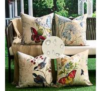 DakTou Copricuscini Federe per Cuscini Divano 40x40 Esterno Primavera Estate Fodera Cuscini Divano Decorativi Fiori da Giardino Farfalla Uccello Impermeabile Lino Fodere Quadrate per Cuscino Set di 4