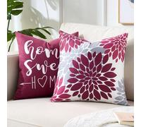 DakTou Federe Cuscini Divano 40 x 40 Rosso Decorativi con Dalie Floreale, 2 Pezzi Federe Cuscino Fiore Decorativo in Corta Peluria Morbido, Copricuscino Divano Boho Rustico per Salotto Giardino