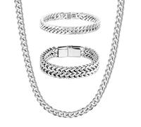 DALAETUS 2 Pezzi Bracciale Cubano in Acciaio Inox 19/21cm e 1 Pezzi Collana Uomo Cubana Chain 50cm Set, Collana Braccialetti da Uomo a Catena Cubana Hip Hop, Regali per Lui Papà Fidanzati(Argento)