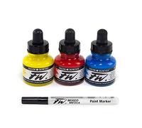 Daler Rowney FW, Set di inchiostri acrilici, 6 colori luccicanti con pennarello