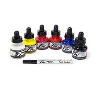 Daler Rowney FW, Set di inchiostri acrilici 6 flaconi da 29,5ml colori primari e 1 marcatore