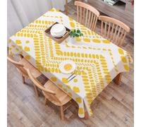DALEXHM Tablecloth,Washable,Rectangle,137x183 cm,Motivo a spina di pesce ripetuto in giallo sole su sfondo bianco con elementi as,Water-Repellent,Stain Protection,Festival,Restaurant,Party and Garden