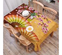 DALEXHM Tablecloth,Washable,Rectangle,137x183 cm,Rami di Sakura, petali cadenti e ventaglio tradizionale su sfondo rosso e giallo,Water-Repellent,Stain Protection,Festival,Restaurant,Party and Garden