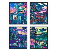 DALIHEBO Poster a tema anime giapponese, decorazione artistica da parete con scena notturna al neon, set da 4 (20,3 x 25,4 cm, senza cornice)