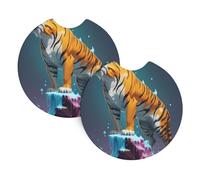 Dali's Melting Tiger - Set di 2 tappetini per auto con portabicchieri da 6,9 cm, adatto per una varietà di modelli di auto, carino e pratico