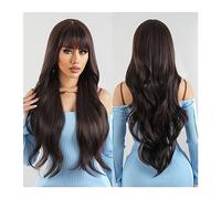Dall'aspetto naturale, Parrucche sintetiche lunghe marrone scuro con frangia Capelli ondulati naturali for donna Parrucca marrone ondulata for feste Cosplay Resistente al calore quotidiano, Stile imp