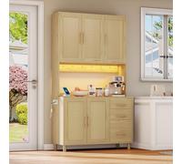 Dalred 183 cm cucina buffet, luci decorative a LED controllate app, 2 prese USB, 2 ripiani regolabili, maniglie in metallo dorato, 3 cassetti, ideale per cucine e sala da pranzo. (naturale)