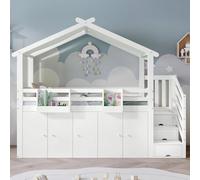 Dalred Lettino a castello, 90 x 200 cm, culla con rete anticaduta, 1 armadio e 2 armadietti e 3 armadietti nelle scale, tessuto a righe, pino+MDF+compensato, bianco+verde