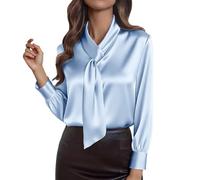 Dama Satin Camicetta Elegante Con Fiocco Al Collo A Maniche Lunghe Top Eleganti Camicetta Da Donna Per Il Lavoro E Per L'ufficio, blu cielo, XXL