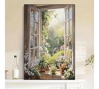 DAMAIART Canvas Wall Art Garden Window Scene-Open Window with Lush Greenery Blooming Flowers Natural Style Decor for Living Room(70x100cm/Frameless)