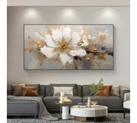 DAMAIART Dipinto astratto di fiori bianchi e oro su tela, grande arte murale minimalista, poster e stampe floreali per l'arredamento del soggiorno, 70x140 cm, senza cornice.