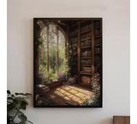 DAMAIART Gothic Cottagecore Canvas Wall Art Print - Dark Academia Floral Library Scene Green Botanical Books Vintage Home Decor(60x80cm/Inner Frame)