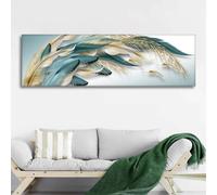 DAMAIART Quadro su tela dipinto astratto oro verde piuma poster grande quadro su tela per soggiorno decorazione artistica da parete 70x200cm senza cornice