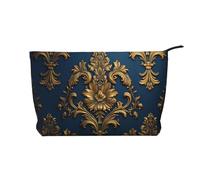 Damasco sulla borsa cosmetica del velluto a coste di grande capacità del modello blu, borsa impermeabile alla moda di stoccaggio degli articoli da toel, Nero , Taglia unica