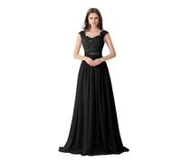 Damigella d'Onore Donna Abiti da damigella d'onore in chiffon e pizzo con perline, da sposa, linea ad A, senza maniche, con schiena scoperta, lunghi, formali, da sera, da festa, da ballo(Black,18W)