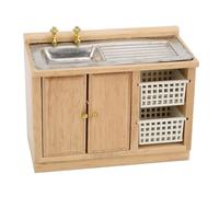 DANAIXZ Mobili da cucina in miniatura per casa delle bambole in scala 1/12, tavolo per lavare i piatti in legno con cestini portaoggetti, accessori per bambole realistici per la de