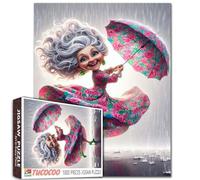 Dancing Grandma in Rain Puzzle per adulti 1000 pezzi donna abito floreale ombrello puzzle stravagante arte dei cartoni animati puzzle dai colori vivaci regalo divertente per donne anziani rilassante